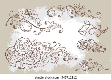 Set of hand-drawn calligraphic floral design elements and page decoration. Vector illustration with roses in vintage style with aged texture.