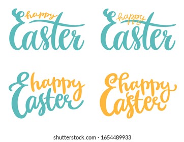 Set of hand-drawn calligraphy Happy Easter phrases isolated on white background. Vector lettering template for seasonal invitation, greeting card, banner, print.