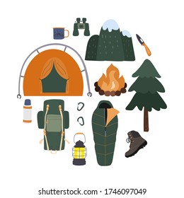 Conjunto de elementos de acampada a mano y de senderismo aislados en un fondo blanco. Juego de íconos de senderismo forestal y de montaña. colección vectorial plana en forma de círculo