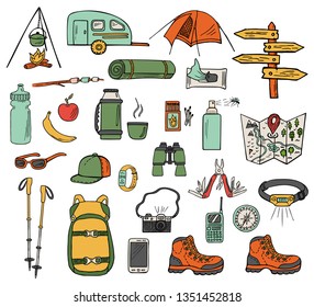 Set of hand-drawn camping icons isolated on white background. Doodle equipment, accessories, clothes, etc. for trekking and hiking. Color sketched vector illustration