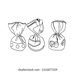 Set of hand-drawn candies in beautiful wrappers. Confectionery products drawn in the style of doodles. Vector EPS10.