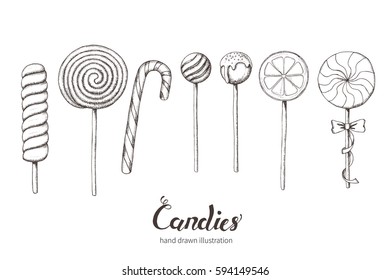 Set of hand-drawn candies. Sweets, desert menu. Lettering. Sketch. Vector design