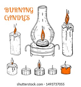 A set of hand-drawn candles and lamp for decoration different holidays - Christmas, Halloween, Birthday. Design for cards, invitations, objects isolated on white. Vector illustration.