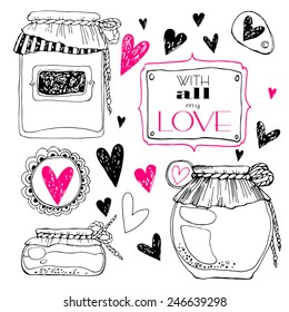 A set of hand-drawn cans. Cute set of jars of jam.  Set jars for jam, empty cans, cover, packaging, a black contour on a white background, Vector decoration elements