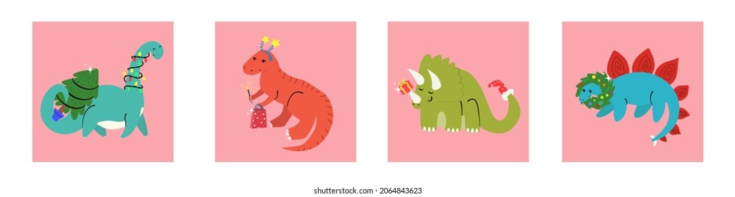 Set of hand-drawn cards with cute dinosaurs. Christmas concept. Dinosaurs with gifts, with attributes of Christmas. Vector illustration Design for holiday party invitations, greeting card.