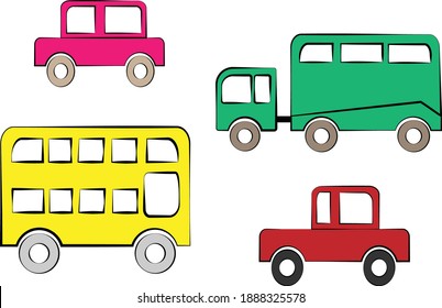 Un conjunto de coches hechos a mano. Ilustración vectorial plana al estilo de las caricaturas. Esbozo de color. Diseño para afiches, fondos, confecciones, textiles, postales.
