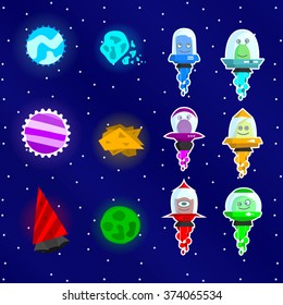 set of hand-drawn cartoon aliens in spaceships