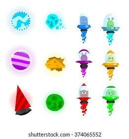 set of hand-drawn cartoon aliens in spaceships