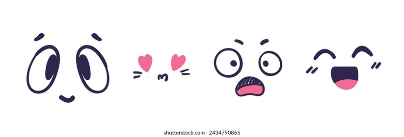 Set of hand-drawn cartoon anime expressions and doodle signs, arrows, emoticon effects, design elements, symbols. Character emotion symbols, cute doodle drawing