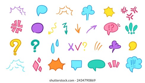 Set of hand-drawn cartoon anime expressions and doodle signs, arrows, emoticon effects, design elements, symbols. Character emotion symbols, cute doodle drawing