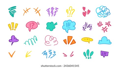 Set of hand-drawn cartoon anime expressions and doodle signs, arrows, emoticon effects, design elements, symbols. Character emotion symbols, cute doodle drawing