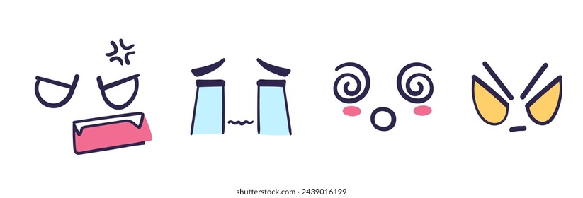 Set of hand-drawn cartoon anime expressions and doodle signs, arrows, emoticon effects, design elements, symbols. Character emotion symbols, cute doodle drawing