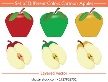 Set of hand-drawn cartoon apple vector. Red, green, yellow, and half cut apples on isolated white background. Layered design, printable eps10 file format. 