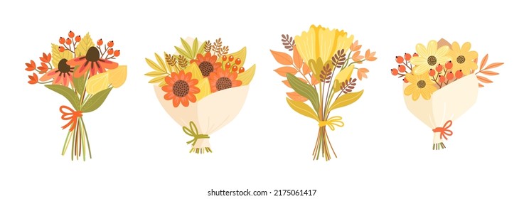 Set of hand-drawn cartoon bouquets with rowan branches and leaves. Pretty floral illustrations for teachers day and other fall holidays. Seasonal design with autumn flowers.