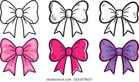 Set of hand-drawn cartoon bows in pink and purple colors. Cute girly style, doodle aesthetic. Isolated on white background.