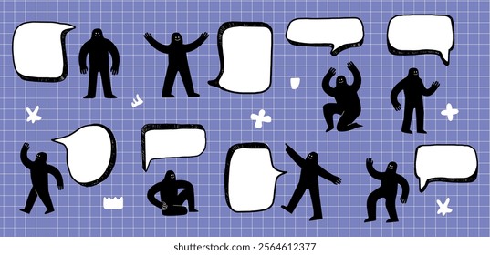 A set of hand-drawn cartoon characters with speech bubbles. The characters are simple, with black silhouettes in various poses.