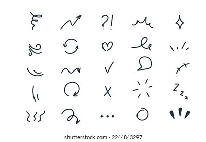 Set of hand-drawn cartoon expression sign doodle line stroke. Movement drawing effect, curve express directional arrows,character emotion symbols, emoticon effects design elements.