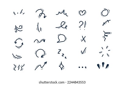 Set of hand-drawn cartoon expression sign doodle line stroke. Movement drawing effect, curve express directional arrows,character emotion symbols, emoticon effects design elements.