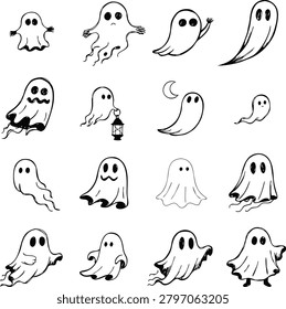 Set of Hand-Drawn Cartoon Ghosts Collection for Halloween Design Elements