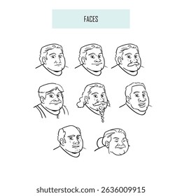 A set of hand-drawn cartoon male character portraits in black and white line art style. This character sheet features ten diverse faces with unique hairstyles, facial hair, and expressions.