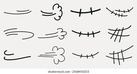 Set of hand-drawn cartoon motion lines and facial expressions. Includes various lines and curves. Ideal for comic art and animation. Cartoon lines and expressions. Black hand drawn elements, vectors.