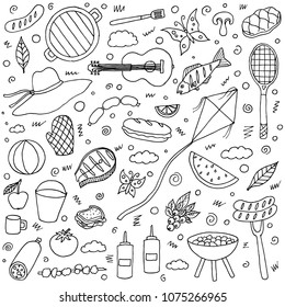 Set of hand-drawn cartoon picnic doodles. Vector sketches. BBQ illustrations. Isolated objects on a white background.