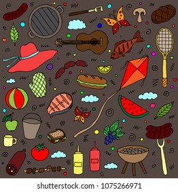Set of hand-drawn cartoon picnic doodles. Vector sketches. BBQ illustrations. Isolated colorful elements.
