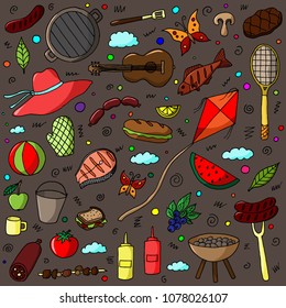 Set of hand-drawn cartoon picnic doodles. Vector sketches. BBQ illustrations. Isolated colorful elements.