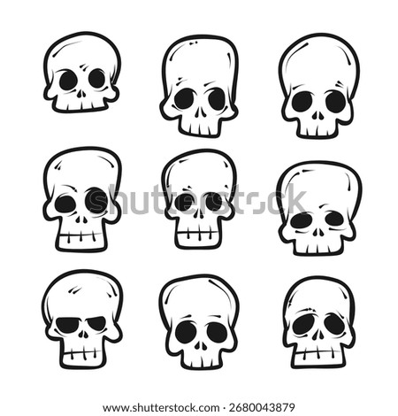 Set of hand-drawn cartoon skull illustrations in black and white, perfect for Halloween, spooky decorations, or gothic designs.