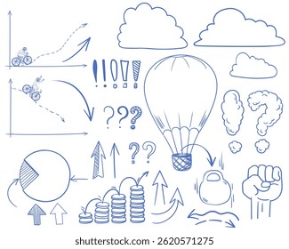 O conjunto de elementos de vetor desenhados à mão estilo cartoon para uma apresentação de negócios ou coaching.