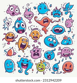Set of hand-drawn cartoony doodles, various facial expressions and emotions. Emoticon effects