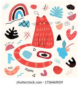 A set of hand-drawn a cat in the doodle style, and various shapes. Abstract modern fashion vector illustration. Isolated elements in the doodle style.