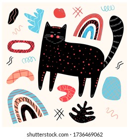 A set of hand-drawn a cat in the doodle style, and various shapes. Abstract modern fashion vector illustration. Isolated elements in the doodle style.