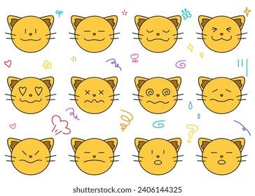 Set of hand-drawn cat emoticons Variations in facial expressions