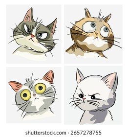 Conjunto de faces de gato desenhadas à mão em várias emoções.	