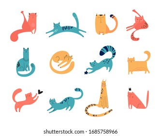 Set of hand-drawn cats for print, textile, t-shirts, posters. Cute faces, mustache, paws, tails, stripes on a white background. Vector pets of different colors play, sit, walk, sleep.