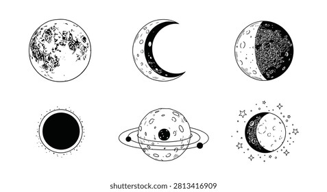 Set of hand-drawn celestial objects including moon phases, a ringed planet, and a solar eclipse, isolated on a white background. Black ink sketch style with craters and textures.