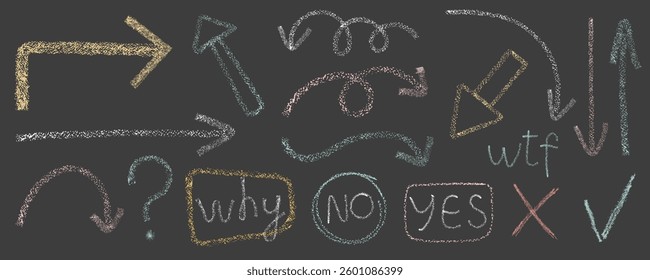 Set of hand-drawn chalk brush arrows and lines. Includes grunge squares and scribble arrow elements in a sketch-style design. Abstract grunge chalk and crayon pencil effect. Vector illustration