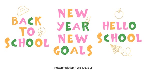 set of hand-drawn chalk drawings on a white background. Set of school posters with funny phrases drawn in crayons by children
