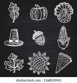 A set of hand-drawn chalk Thanksgiving Day Symbols