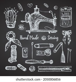 Set of hand-drawn chalk vintage sewing tools. Sew machine, Needle, scissors, mannequin, buttons, tailor meter. Sketch style. Logos, icons elements isolated on chalkboard background Vector illustration