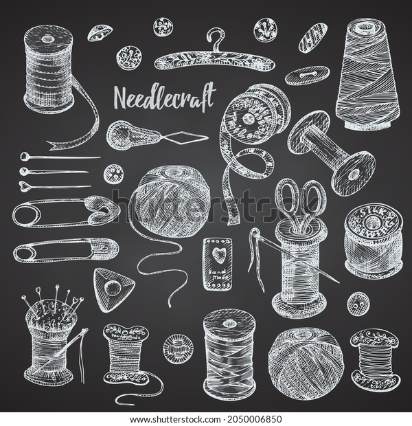 Set of hand-drawn chalk vintage sewing\
tools. Sew machine, Needle, scissors, mannequin, buttons, tailor\
meter. Sketch style. Logos, icons elements isolated on chalkboard\
background Vector\
illustration