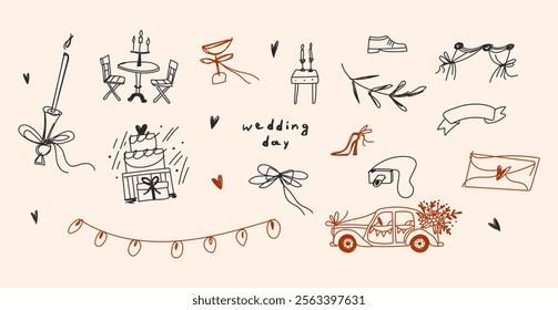 set of hand-drawn chalk-style wedding icons: a retro car with flowers, elegant candle, bow, cakes. For wedding invitations, cafe menus, party. Doodle-style art for a vintage and romantic touch