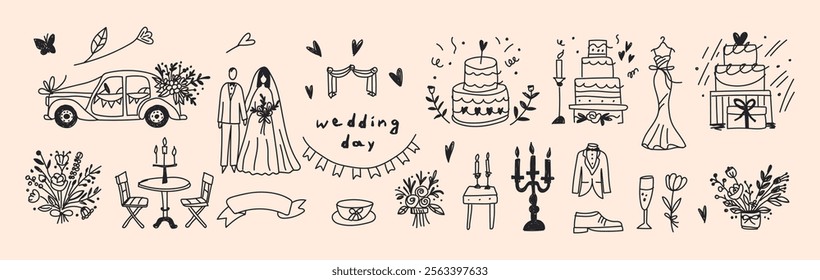 Set of hand-drawn chalk-style wedding icons: a retro car with flowers, elegant candles, cakes, bridal outfits. For wedding invitations, cafe menus. Doodle-style art for a vintage and romantic touch