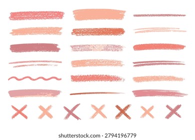 A set of hand-drawn chalky marks including brush strokes, lines, and X shapes in a palette of soft pinks, oranges, and purples, perfect for design elements