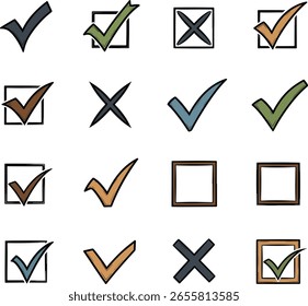 A set of hand-drawn check and cross icons in monochrome and color. This collection of doodle-style ticks and 'x' marks is perfect for lists, surveys, and UI design to indicate correct or incorrect..