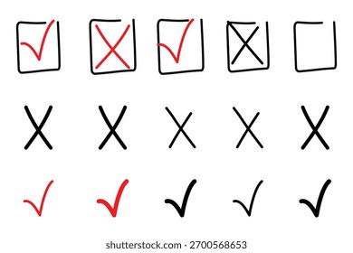 Un conjunto de marcas de verificación y cruces dibujadas a mano en cajas y sin, que representan las opciones de votación, aisladas sobre un fondo blanco, perfecto para ilustrar Encuestas y formas.