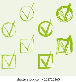 Set of hand-drawn check marks, sketch , watercolor and grunge eco green check marks for your business website, web page