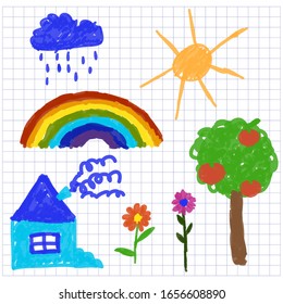 Set hand  drawn child items  Vector illustration  Drawing and felt  tip pens  Flowers  tree  house  cloud  rainbow  sun  rain