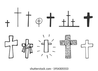 Set of hand-drawn Christian crosses isolated on white background. Religion and Christianity. Christian symbols. Vector illustration